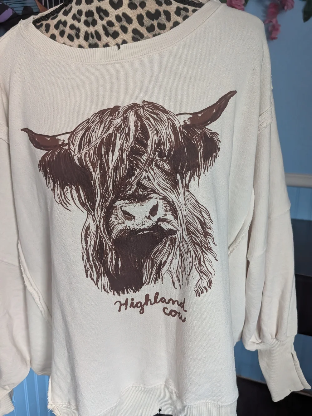 Free People Cream Camden Sweatshirt with Brown Highland Cow Graphic